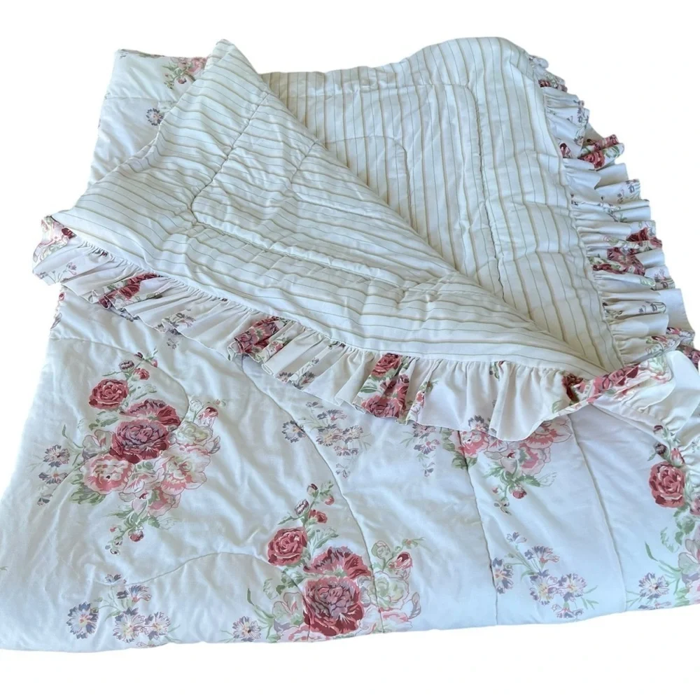 VTG 90s Laura Ashley Reversible Ruffled Twin Comforter Cottage Floral Stripe USA